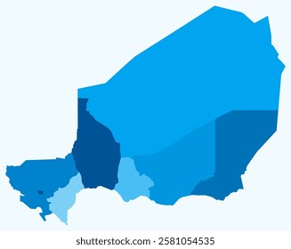 Map of Niger with regions. Just a simple country border map with region division. Light blue color palette. Blank Republic of Niger shape with administrative division. Vector illustration.