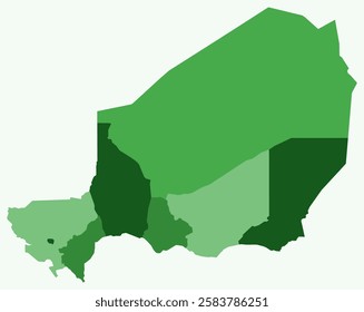 Map of Niger with regions. Just a simple country border map with region division. Green color palette. Flat Republic of Niger shape with administrative division. Vector illustration.