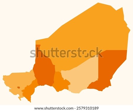 Map of Niger with regions. Just a simple country border map with region division. Orange color palette. Flat Republic of Niger shape with administrative division. Vector illustration.