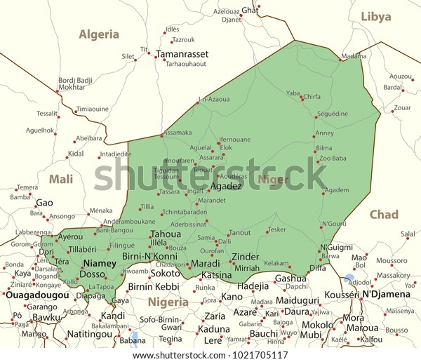 Map Niger Shows Country Borders Place Stock Vector Royalty Free 1021705117