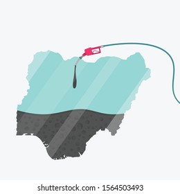 Map of Nigeria, in Africa, being fueled by oil. Gas pump fueled map. On the map there is glass reflection. African country. Conceptual. 
Oil producing or importing countries.