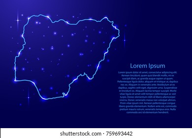 Map Nigeria from the contours network blue, luminous space stars for banner, poster, greeting card, of vector illustration