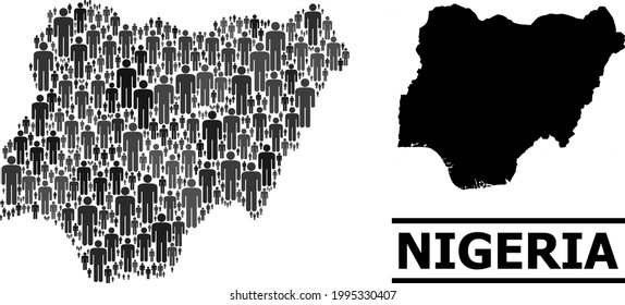 Map of Nigeria for demographics posters. Vector nation abstraction. Concept map of Nigeria designed of crowd icons. Demographic concept in dark grey color tinges.