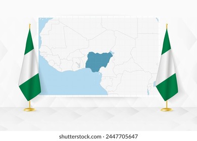 Mapa de Nigeria y banderas de Nigeria en el stand de la bandera. Ilustración vectorial para la reunión de diplomacia.