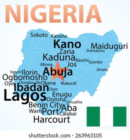 Map of Nigeria with largest cities. Carefully scaled text by city population.