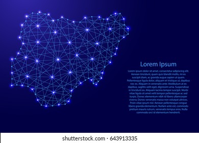 Map of Nigeria from polygonal blue lines and glowing stars vector illustration