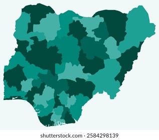 Map of Nigeria with regions. Just a simple country border map with region division. Teal color palette. Blank Federal Republic of Nigeria shape with administrative division. Vector illustration.