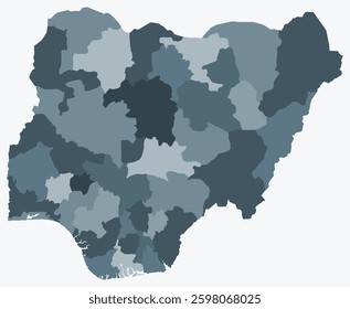 Map of Nigeria with regions. A simple country border map with regional divisions. Blue-grey color palette. Blank Federal Republic of Nigeria shape with administrative division. Vector illustration.