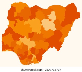 Map of Nigeria with regions. A simple country border map with regional divisions. Orange color palette. Vector illustration of the Federal Republic of Nigeria with administrative divisions.
