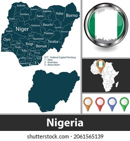 Map of Nigeria with subdivisions  and location on African map. Vector image