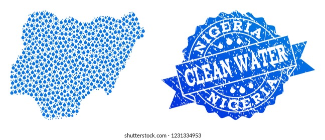 Map of Nigeria vector mosaic and clean water grunge stamp. Map of Nigeria formed with blue liquid drops. Seal with grunge rubber texture for clean drinking water.