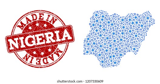 Map of Nigeria vector mosaic and Made In grunge stamp. Map of Nigeria designed with blue cog relations. Made in red seal with retro rubber texture.
