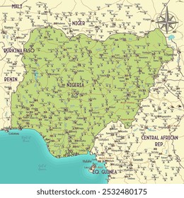Map of Nigeria vintage fantasy style