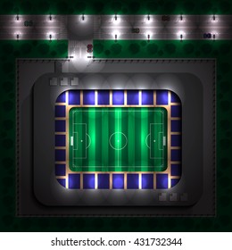 Map of the night stadium with a football field. View from above. Vector illustration.
