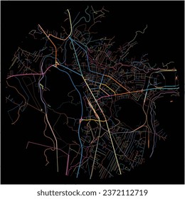 Map of Niksic, Central with all major and minor roads, railways and waterways. Colorful line art on black background.