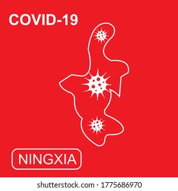 Map of Ningxia with "COVID-19". White outline map on a red background. Vector illustration of a virus, coronavirus, epidemiology.