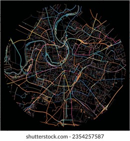 Mapa de Niort, Deux-Sèvres con todas las carreteras principales y menores, ferrocarriles y vías fluviales. Coloridas líneas de arte sobre fondo negro.