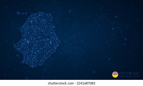 Map of Niue modern design with polygonal shapes on dark blue background. Business wireframe mesh spheres from flying debris. Blue structure style vector illustration concept.
