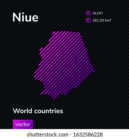 Map of Niue. Vector creative digital neon flat line art abstract simple map with violet, purple, pink striped texture  on black background. Educational banner, poster about Niue map