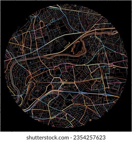 Map of Noisy-le-Grand, Seine-Saint-Denis with all major and minor roads, railways and waterways. Colorful line art on black background.