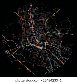 Mapa de Nordhausen, Turingia con todas las carreteras principales y menores, ferrocarriles y vías fluviales. Coloridas líneas de arte sobre fondo negro.