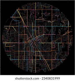 Map of Norman, Oklahoma with all major and minor roads, railways and waterways. Colorful line art on black background.