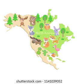 Map of North America with animals. Flat design.