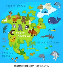 map of the North America with animals - vector illustration, eps