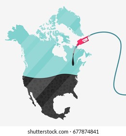 Map of North America being fueled by oil. Gas pump fueled map. On the map there is glass reflection. Conceptual. Oil producing or importing countries.