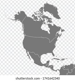 Map Of North America Blank . Gray Map Of  North America With Borders Of All Countries.  Map Of Central America Blank Vector On Transparent Background For Your Design.  EPS10.