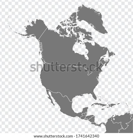 Map of North America blank . Gray map of  North America with borders of all countries.  Map of Central America blank vector on transparent background for your design.  EPS10.