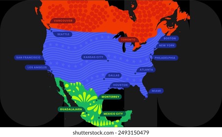 map of North America with cities where football matches are held