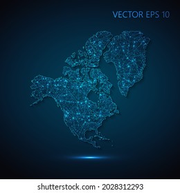 Map of North America Continent abstract illustration of global social communication, polygonal map with connecting dots and lines. Vector illustration eps 10.