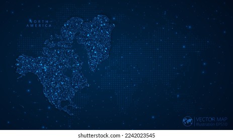 Map of North America Continent modern design with polygonal shapes on dark blue background. Business wireframe mesh spheres from flying debris. Blue structure style vector illustration concept.