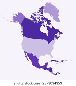 Map of North America with countries. Just a simple continent border map with country division. Deep purple color palette. Plain North America shape with administrative division. Vector illustration.