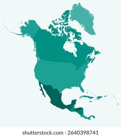 Map of North America with countries. Just a simple continent border map with country division. Teal color palette. Flat North America shape with administrative division. Vector illustration.
