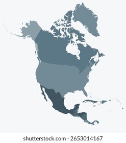 Mapa da América do Norte com países. Apenas um simples mapa de fronteiras do continente com divisão de países. Paleta de cores cinza azul. Forma simples da América do Norte com divisão administrativa. Ilustração vetorial.