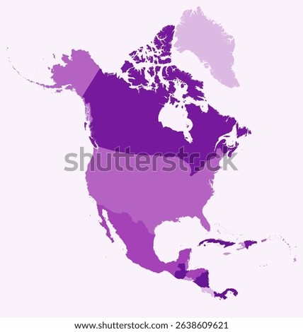 Map of North America with countries. Just a simple continent border map with country division. Purple color palette. Blank North America shape with administrative division. Vector illustration.