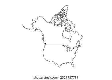 Mapa da América do Norte com os países em vista linear. Mapa estilizado da América do Norte em estilo moderno minimalista.ilustração vetor de arte de linha, mapa de desenho de linha.