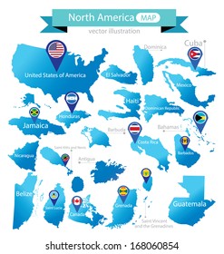 Map of North America. Country. flag pointer. vector Illustration.