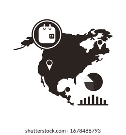 map of north america with covid 19 information and icons, line style icon vector illustration design