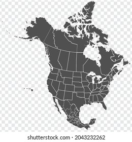 Map of North America. Detailed map of North America with States of the USA and Provinces of Canada and all Mexican States. Template.  EPS10.