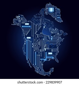 Map of North America with electronic circuit. Contour map of North America with a technological electronics circuit. 