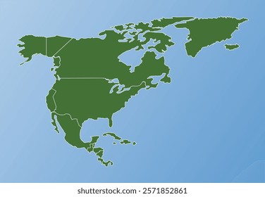 Map of north America and Greenland with borders on blue background. Green continent surrounded by blue oceans.