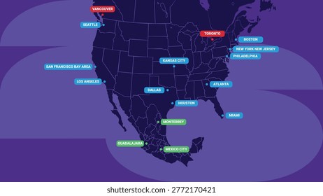 Map of North America Host Cities for sports event location concept. Vector Illustration