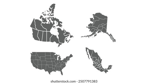 Mapa de Norteamérica con países aislados, perfecto para presentaciones modernas y diseños digitales.