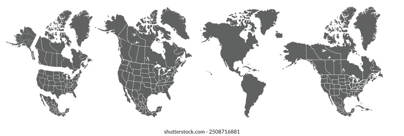 Map of North America with isolated countries.United States, Canada ,Mexico.