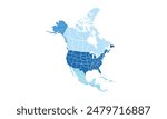 Map of north america isolated modern colorful style. for website layouts, background, education, precise, customizable, Travel worldwide, map silhouette backdrop, earth geography, political, reports.