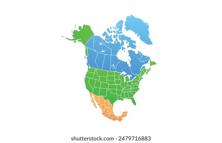 Map of north america isolated modern colorful style. for website layouts, background, education, precise, customizable, Travel worldwide, map silhouette backdrop, earth geography, political, reports.