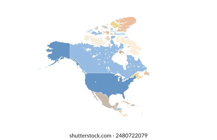 Map of North america isolated modern colorful style. for website layouts, background, education, precise, customizable, Travel worldwide, map silhouette backdrop, earth geography, political, reports. 